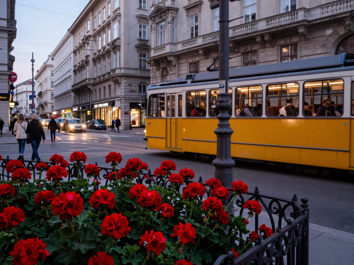 Busy Vienna Street Scene Early Evening with Red Geraniums and Tram in in Vienna, Austria