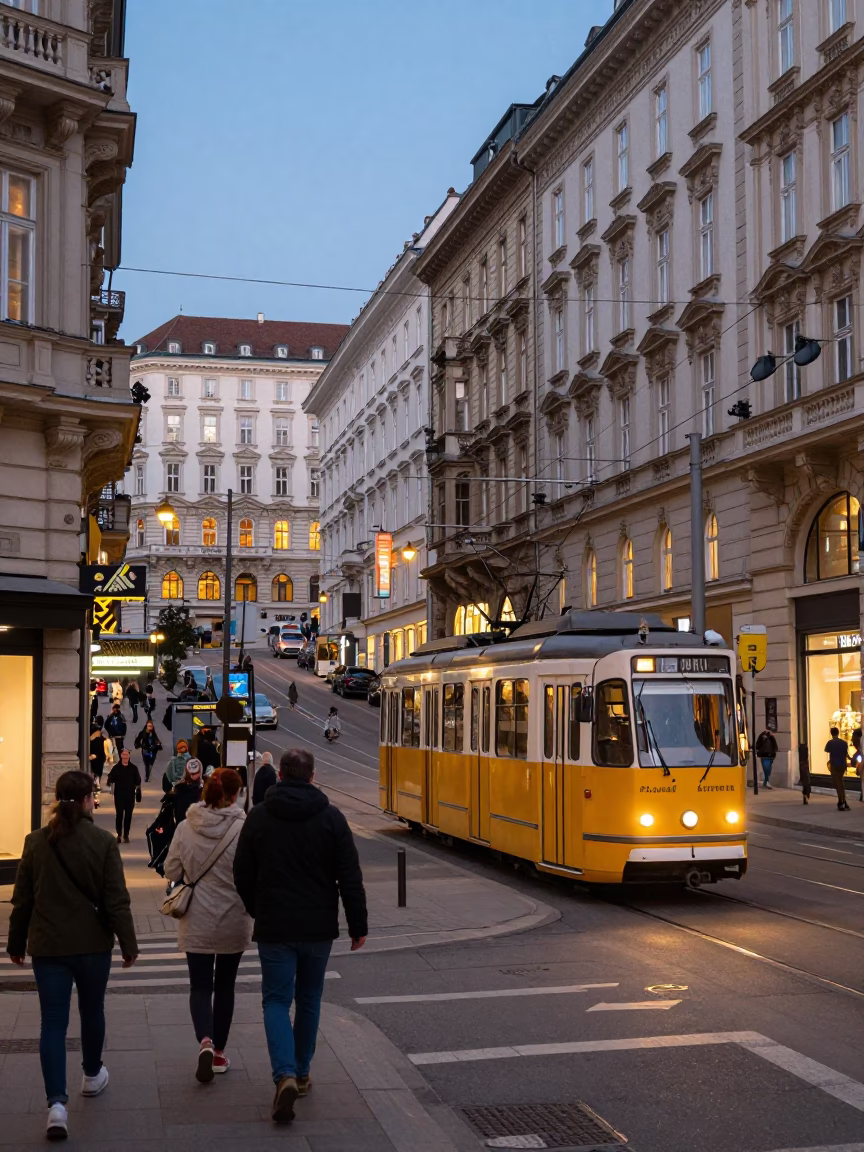 Busy Vienna Street Scene Early Evening with Tram and Concrete Apartment Blocks in in Vienna, Austria