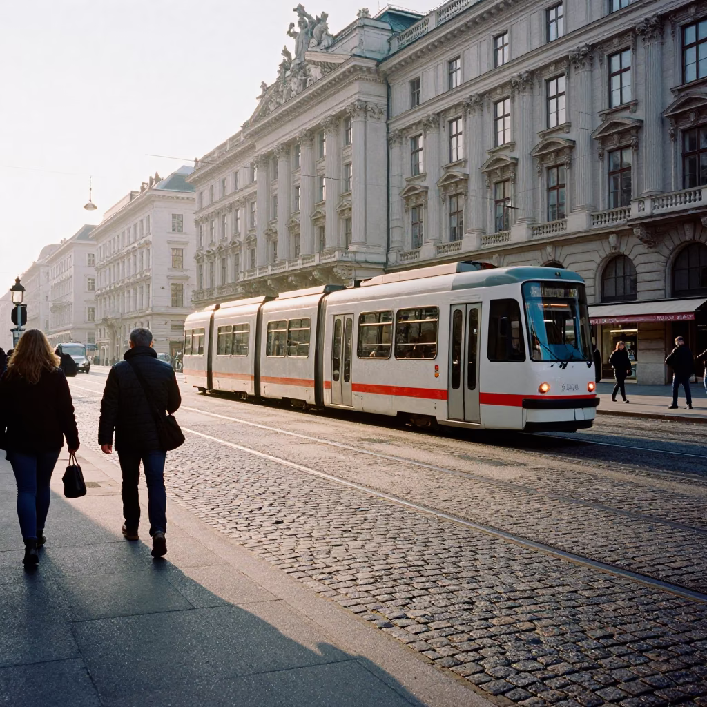 Busy Vienna Street Scene Just After Sunrise with Commuters and Classic Architecture in in Vienna, Austria
