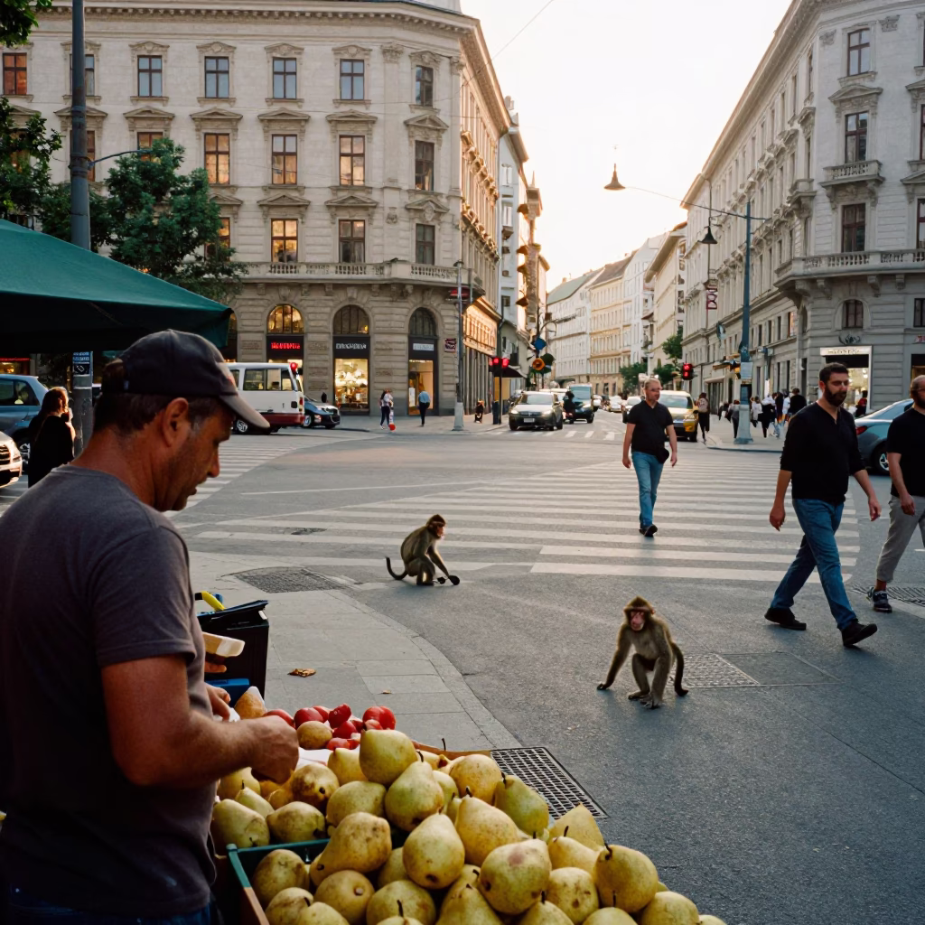 Busy Vienna Street Scene Late Afternoon with Monkeys and Locals in in Vienna, Austria