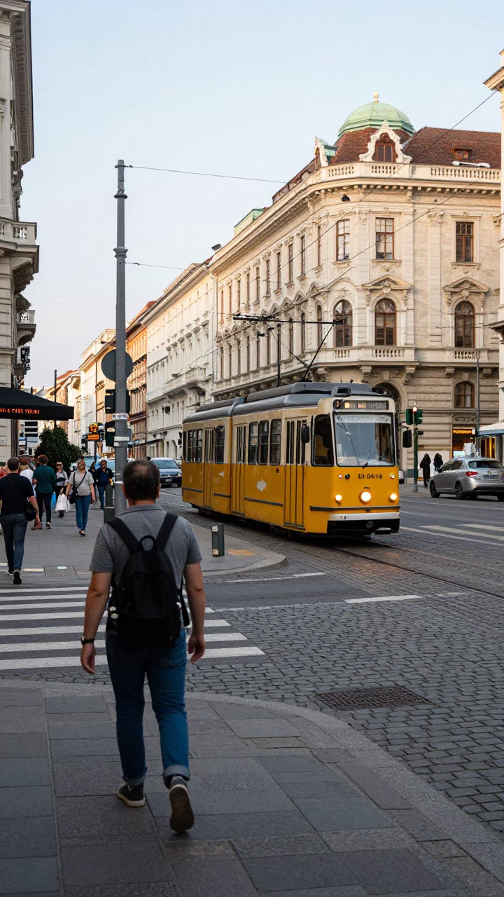 Busy Vienna Street Scene Late Morning with Tram and Historic Architecture in in Vienna, Austria