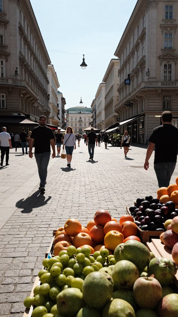 Busy Vienna Street Scene Under Noon Sun with Fruit Vendor and Historical Architecture in in Vienna, Austria