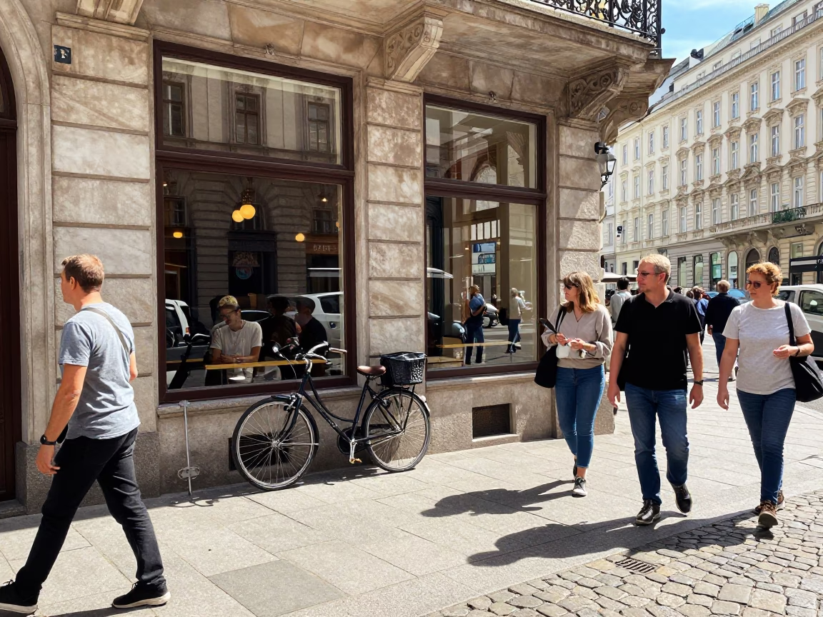 Busy Vienna Street Scene with Bicycle Leaning Against Cafe in Bright Midmorning Light in in Vienna, Austria