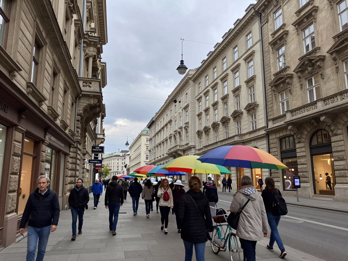 Busy Vienna Street Scene with Colorful Umbrellas and Local Architecture in Early Afternoon in in Vienna, Austria