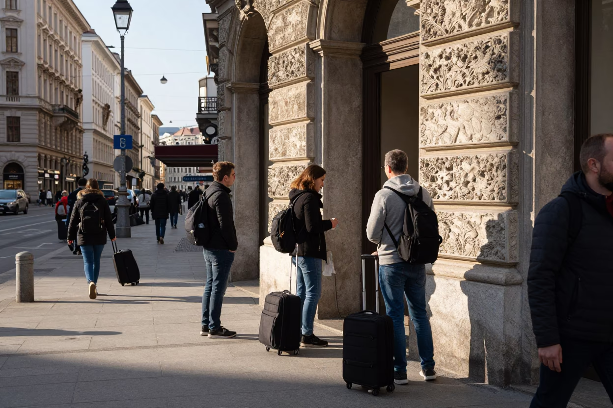 Busy Vienna Street Scene with Travelers and Luggage in Late Afternoon Light in in Vienna, Austria