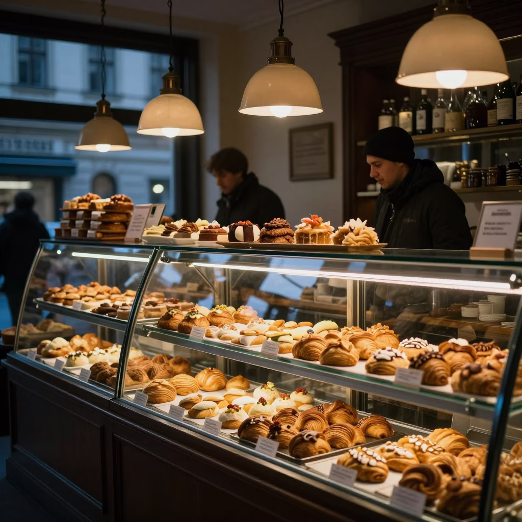 Busy Viennese Bakery Counter at Dawn with Pastries and Coffee Service in in Vienna, Austria