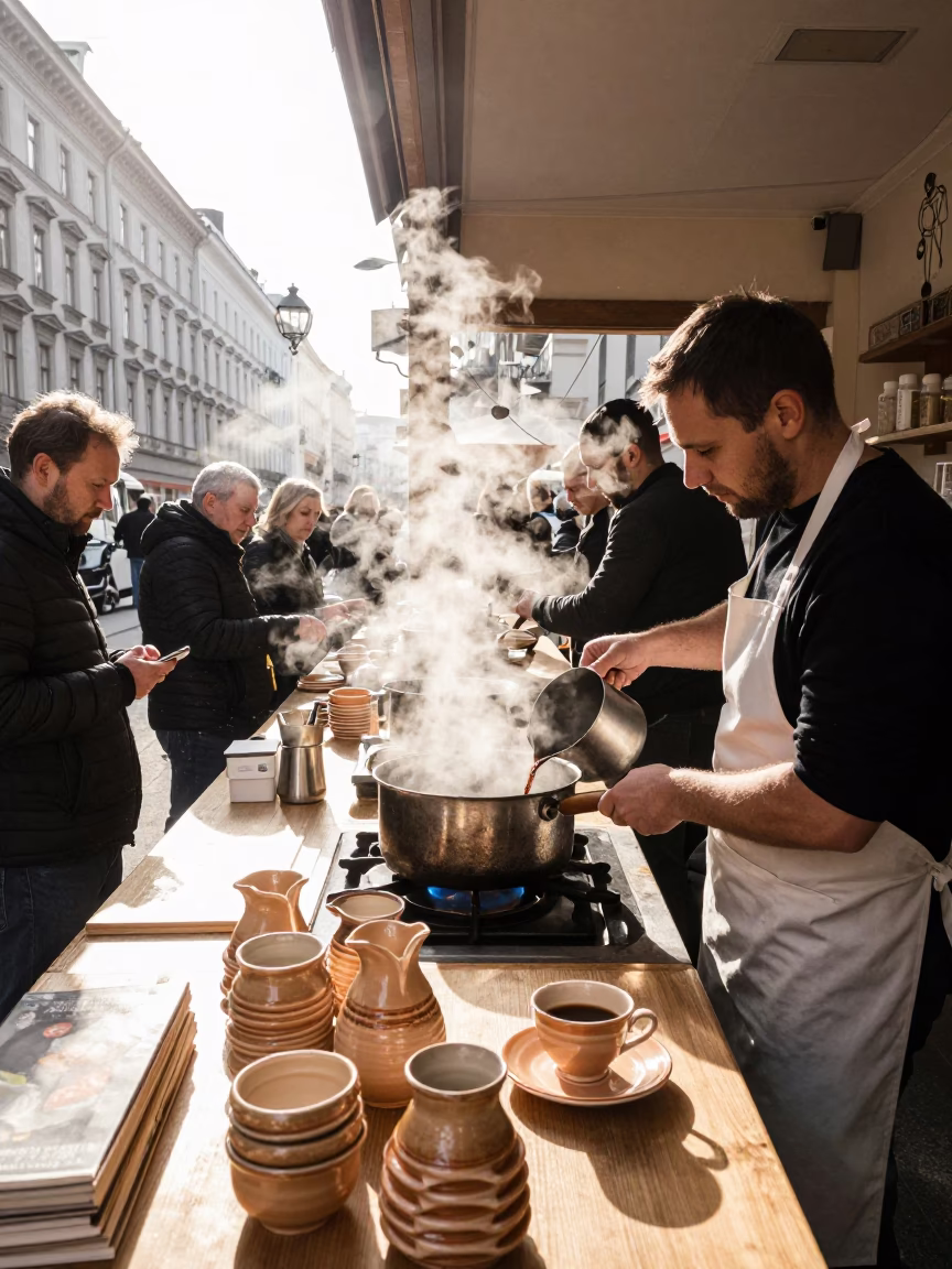 Busy Viennese Bakery Counter With Steam And Ceramic Mugs in in Vienna, Austria