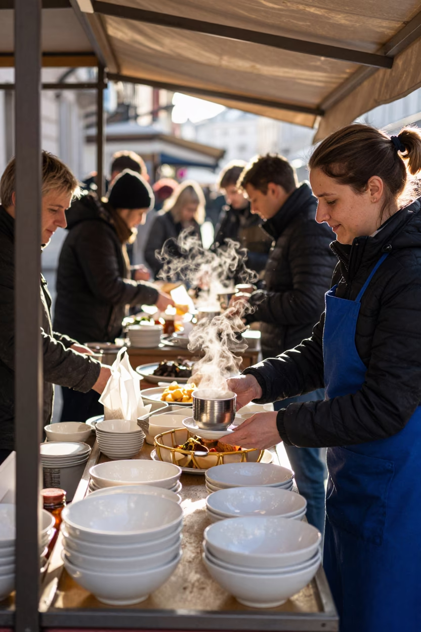 Busy Viennese Breakfast Stall with Ceramic Bowls and Honey at Dawn in in Vienna, Austria