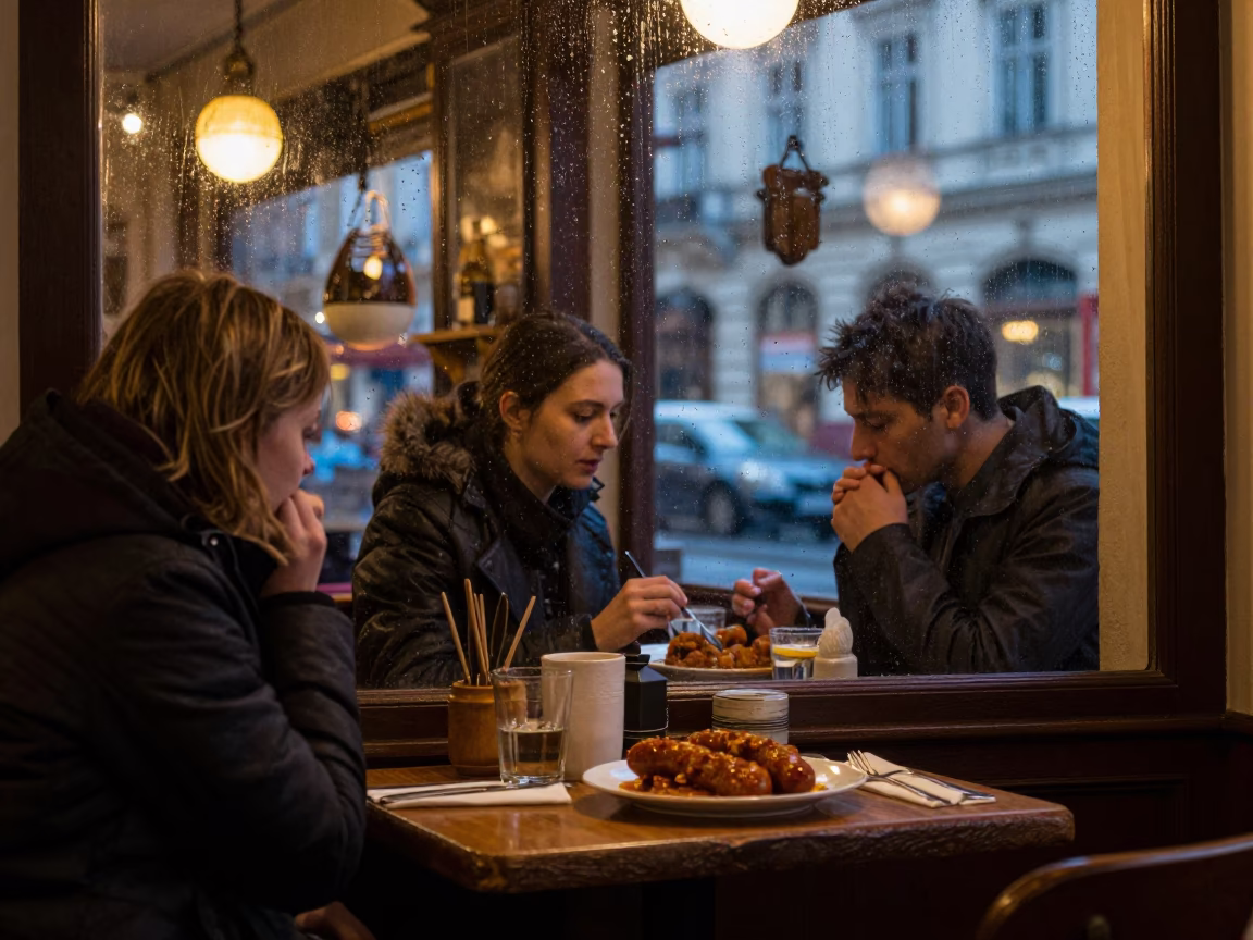 Busy Viennese Cafe Interior at Blue Hour with Curried Sausage and Fries in in Vienna, Austria