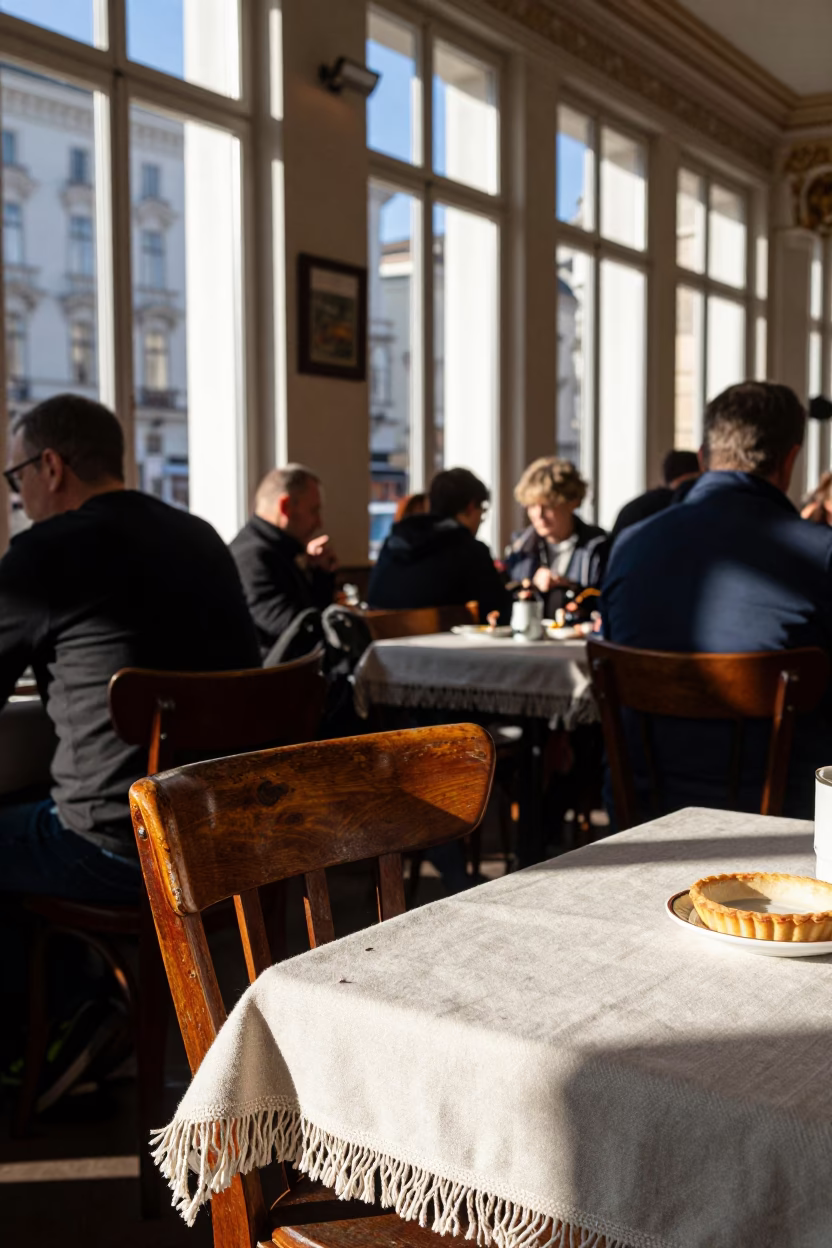 Busy Viennese Cafe Interior with Patrons in Clear Late Afternoon Light in in Vienna, Austria