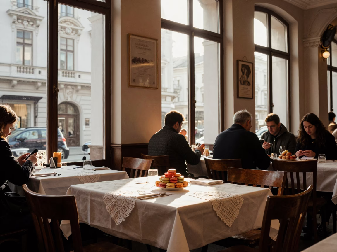 Busy Viennese Cafe Table at Dawn with Macarons and Pears in in Vienna, Austria