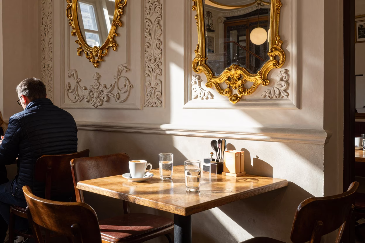Busy Viennese Cafe Table in Bright Midmorning Light with Canister Set and Measuring Tapes in in Vienna, Austria