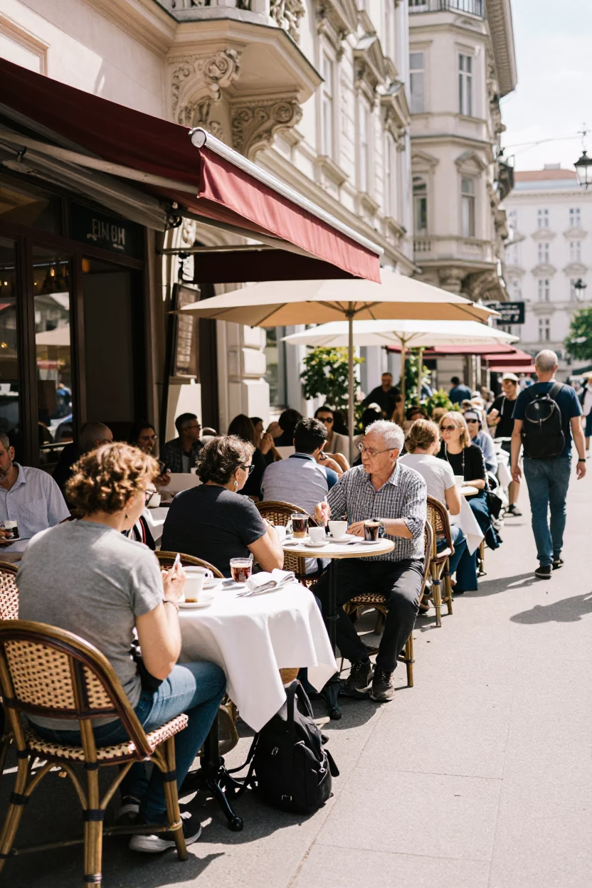 Busy Viennese Cafe Terrace in Bright Midmorning Light with Classic Architecture in in Vienna, Austria