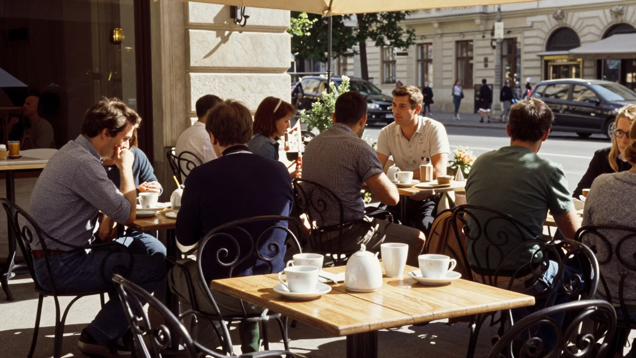 Busy Viennese Cafe Terrace in Bright Midmorning Light with Coffee Mugs and Notebooks in in Vienna, Austria