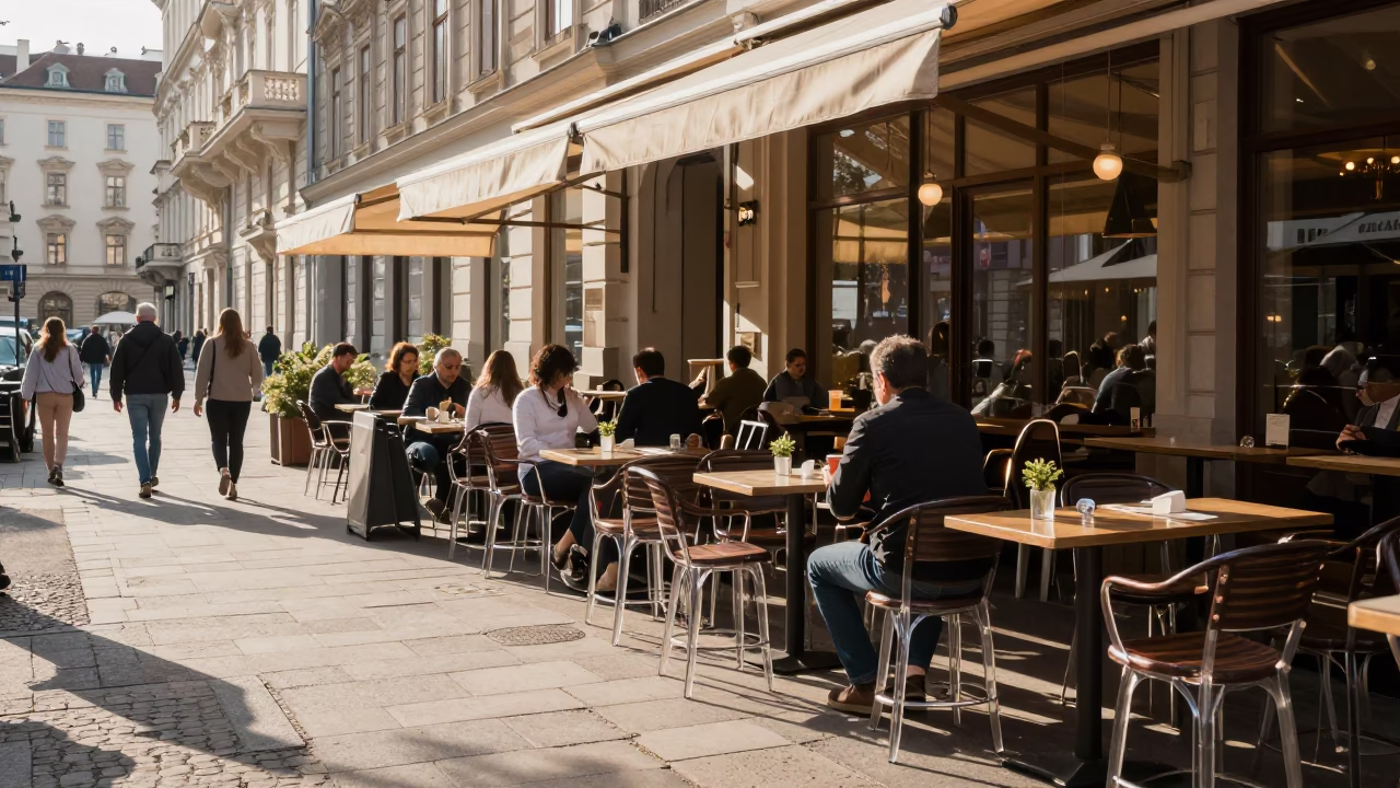 Busy Viennese Cafe Terrace Morning with Clear Glass Stool and Wicker Basket in Austria in in Vienna, Austria