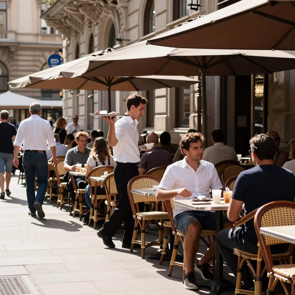 Busy Viennese Cafe Terrace Under Flat Noon Light with Books and Linen in in Vienna, Austria