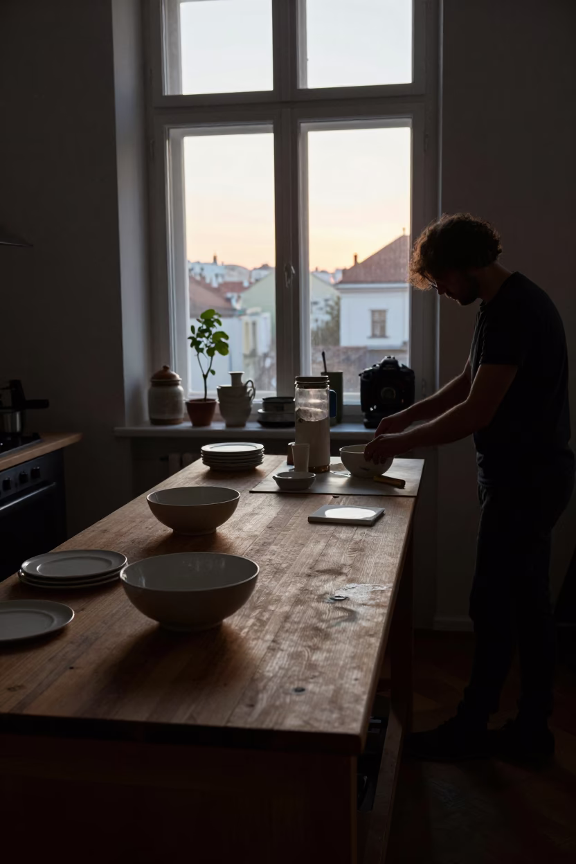 Busy Viennese Kitchen Counter at Dawn with Ceramic Bowl and Spice Tins in in Vienna, Austria