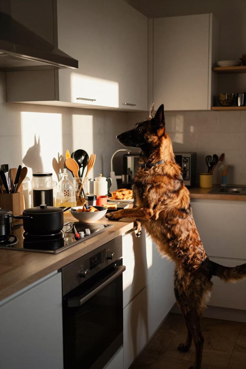 Busy Viennese Kitchen Counter Late Morning with Belgian Sheepdog and Enamel Pitcher in in Vienna, Austria