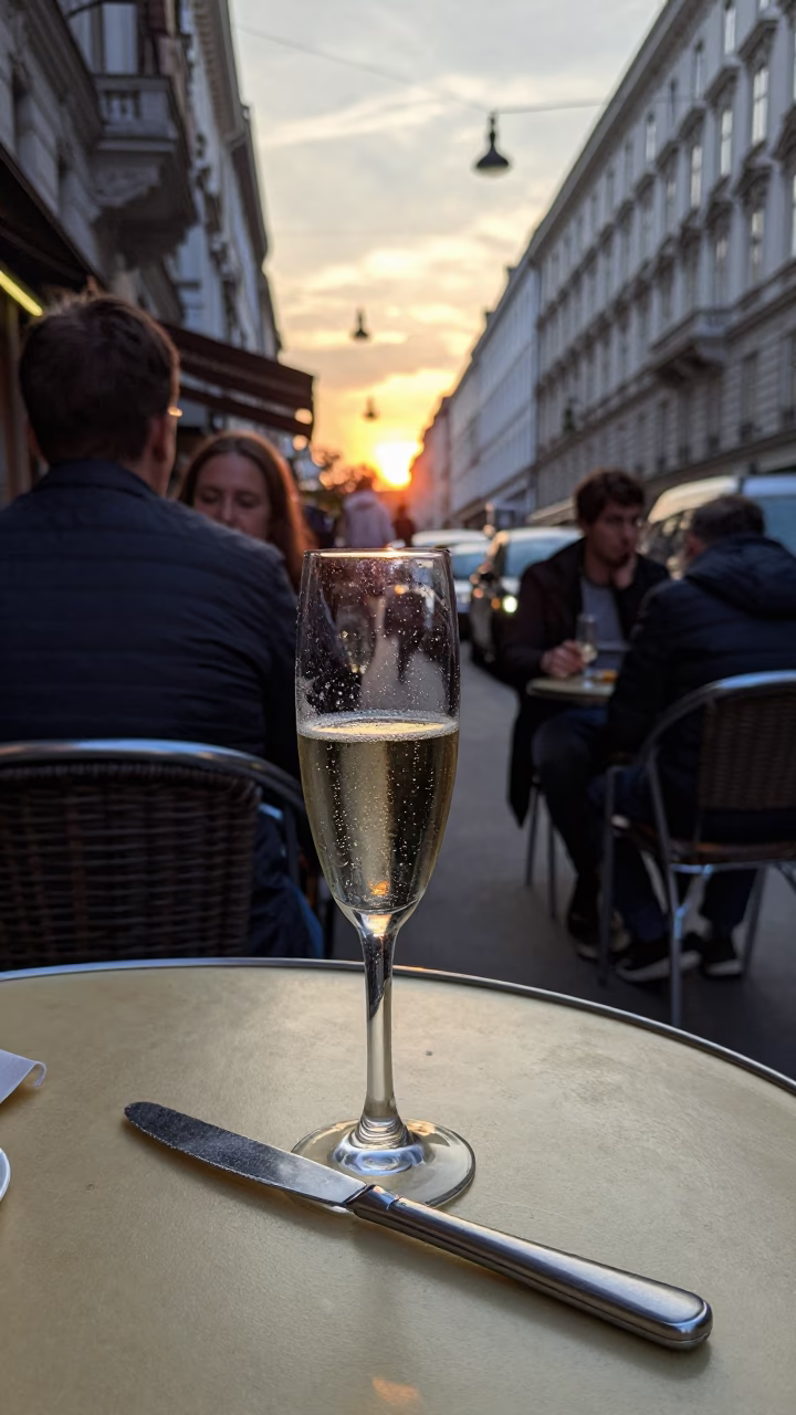 Busy Viennese Street Cafe Table with Champagne Glass and Butter Knife at Sunset in in Vienna, Austria