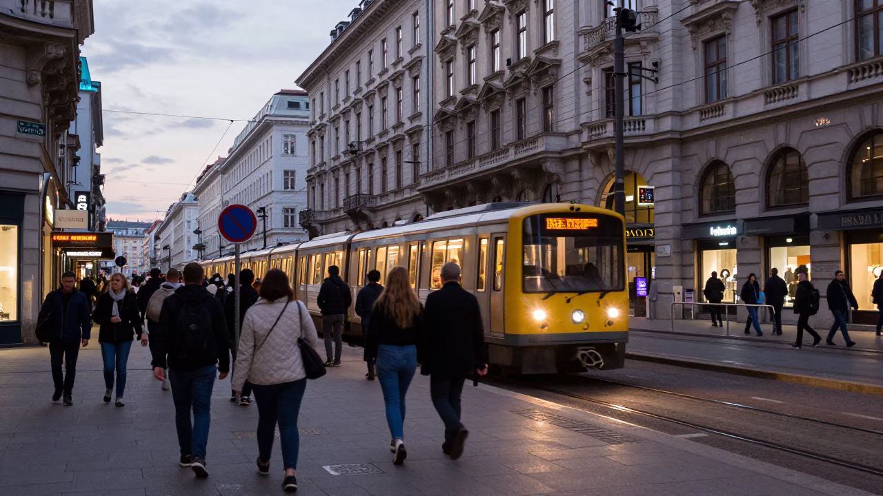 Busy Viennese Street Corner Early Evening with Metro Train and Window Light in in Vienna, Austria