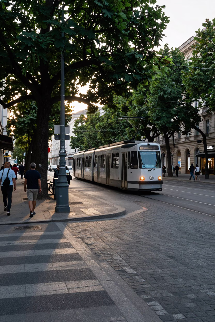 Busy Viennese Street Corner with Tram and Pedestrians in Early Morning Light in in Vienna, Austria
