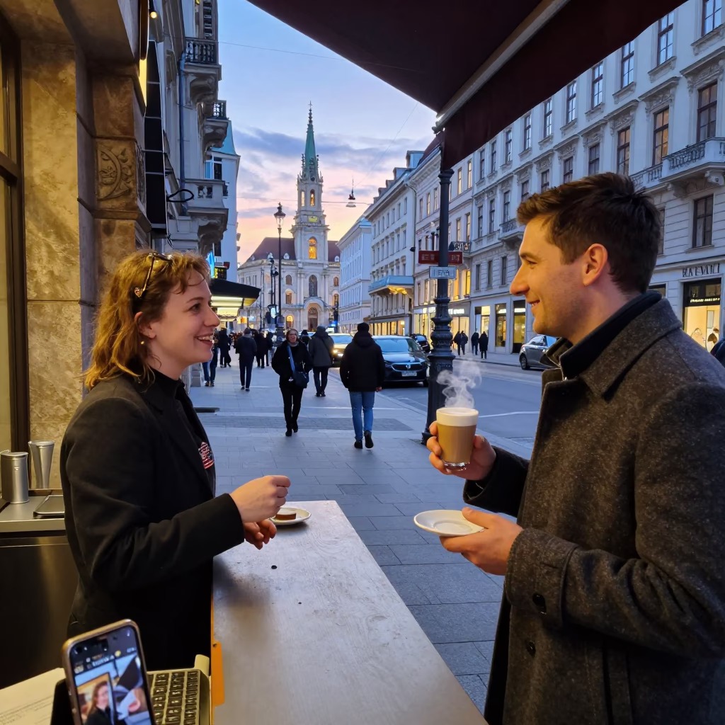 Busy Viennese Street Scene at Nautical Dawn with Coffee and Local Life in in Vienna, Austria