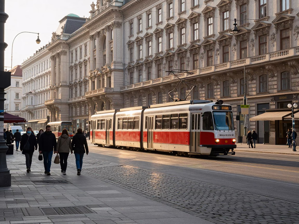 Busy Viennese Street Scene Just After Sunrise with Commuters and Trams in in Vienna, Austria
