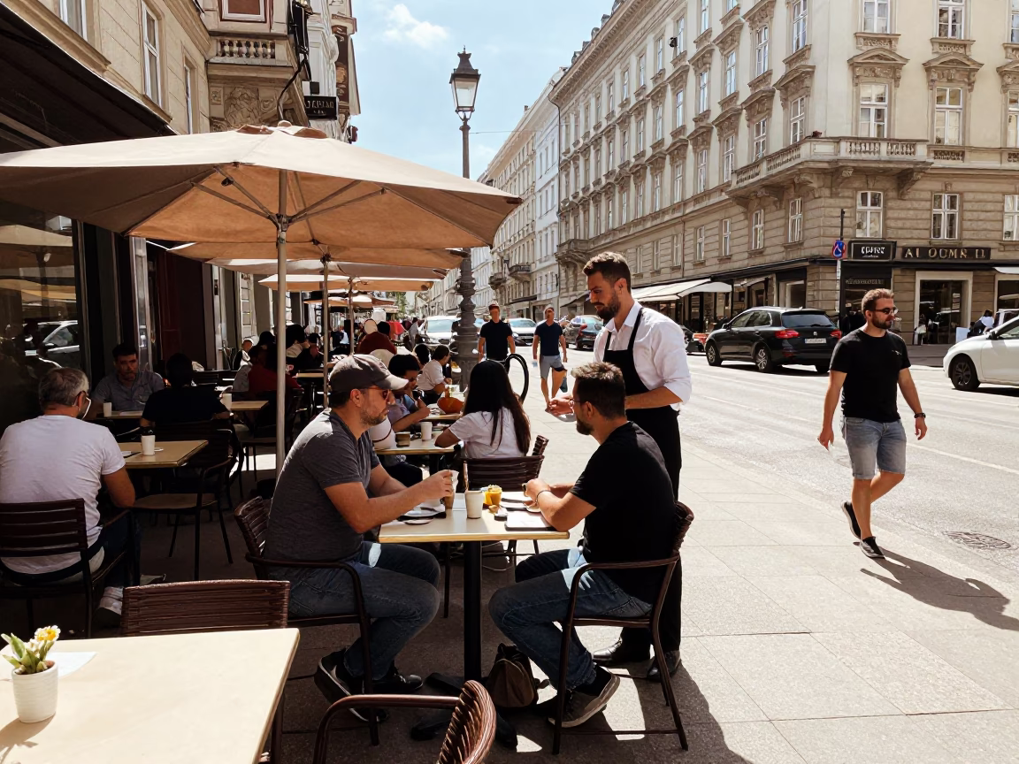 Busy Viennese Street Scene Under Harsh Noon Light with Traditional Bakery Display in in Vienna, Austria