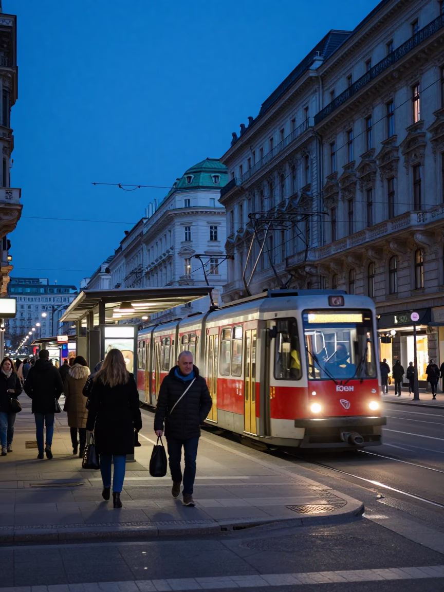 Busy Viennese Tram Stop at Indigo Twilight with Metro Train and Street Life in in Vienna, Austria
