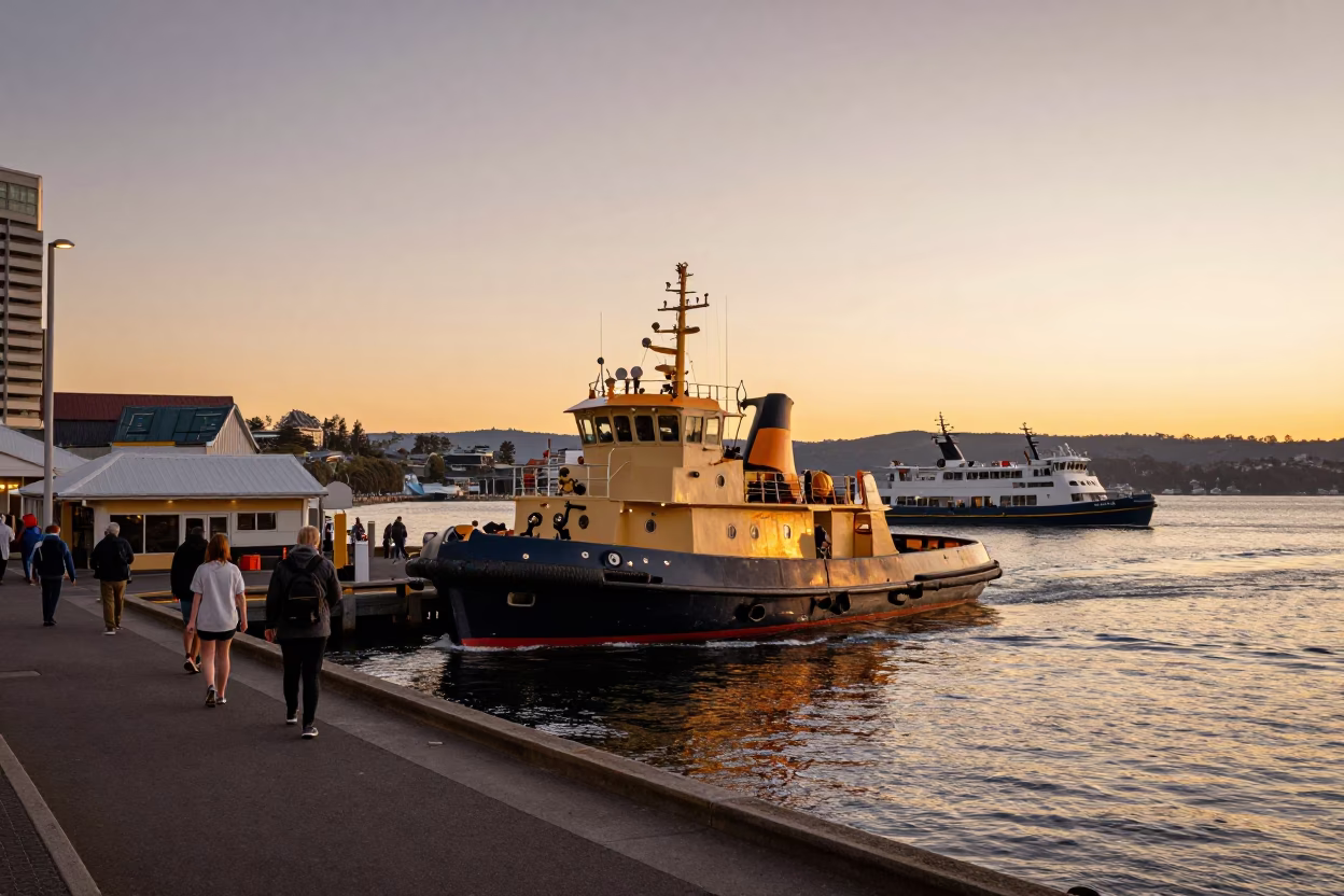 Busy Waterfront in Hobart at Golden Hour in in Hobart, Tasmania, Australia