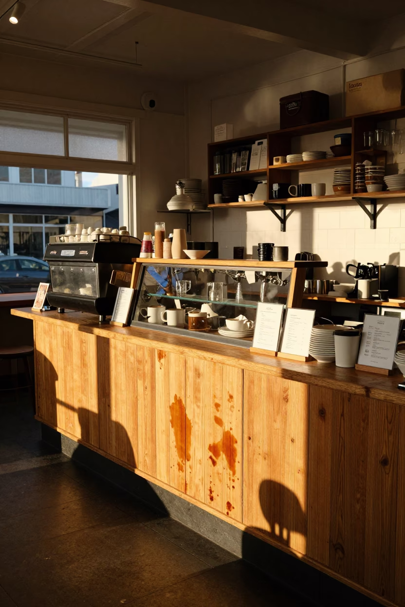 Busy Wellington Cafe Counter with Tea Stains and Storage Tins in Honeyed Evening Light in in Wellington, New Zealand