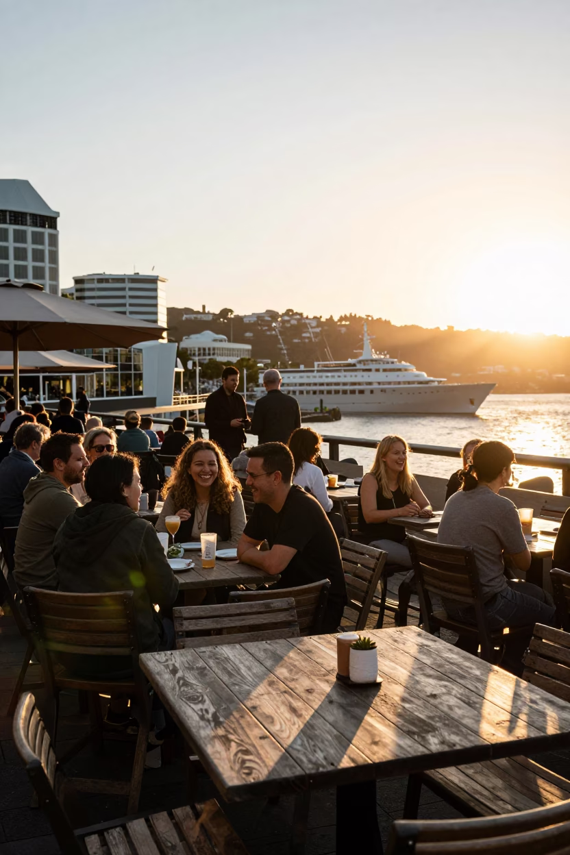 Busy Wellington Cafe Terrace Evening Light with Local Diners and City Views in in Wellington, New Zealand