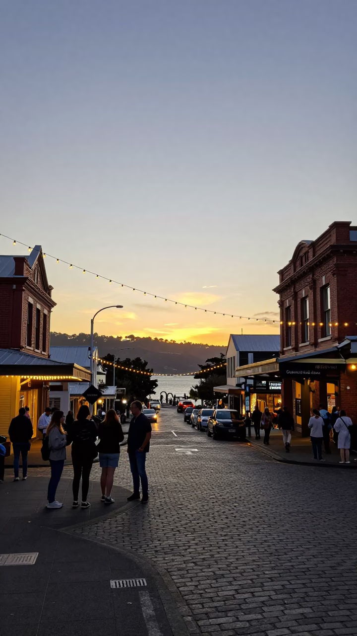 Busy Wellington Evening Street Scene with String Lights and Local Life in in Wellington, New Zealand