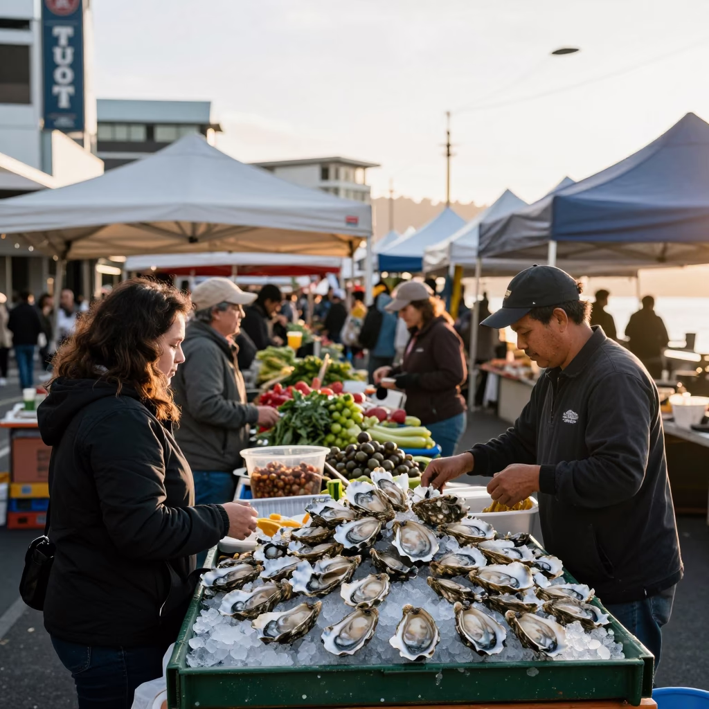 Busy Wellington Morning Market Scene with Local Produce and Fresh Oysters Just After Sunrise in in Wellington, New Zealand