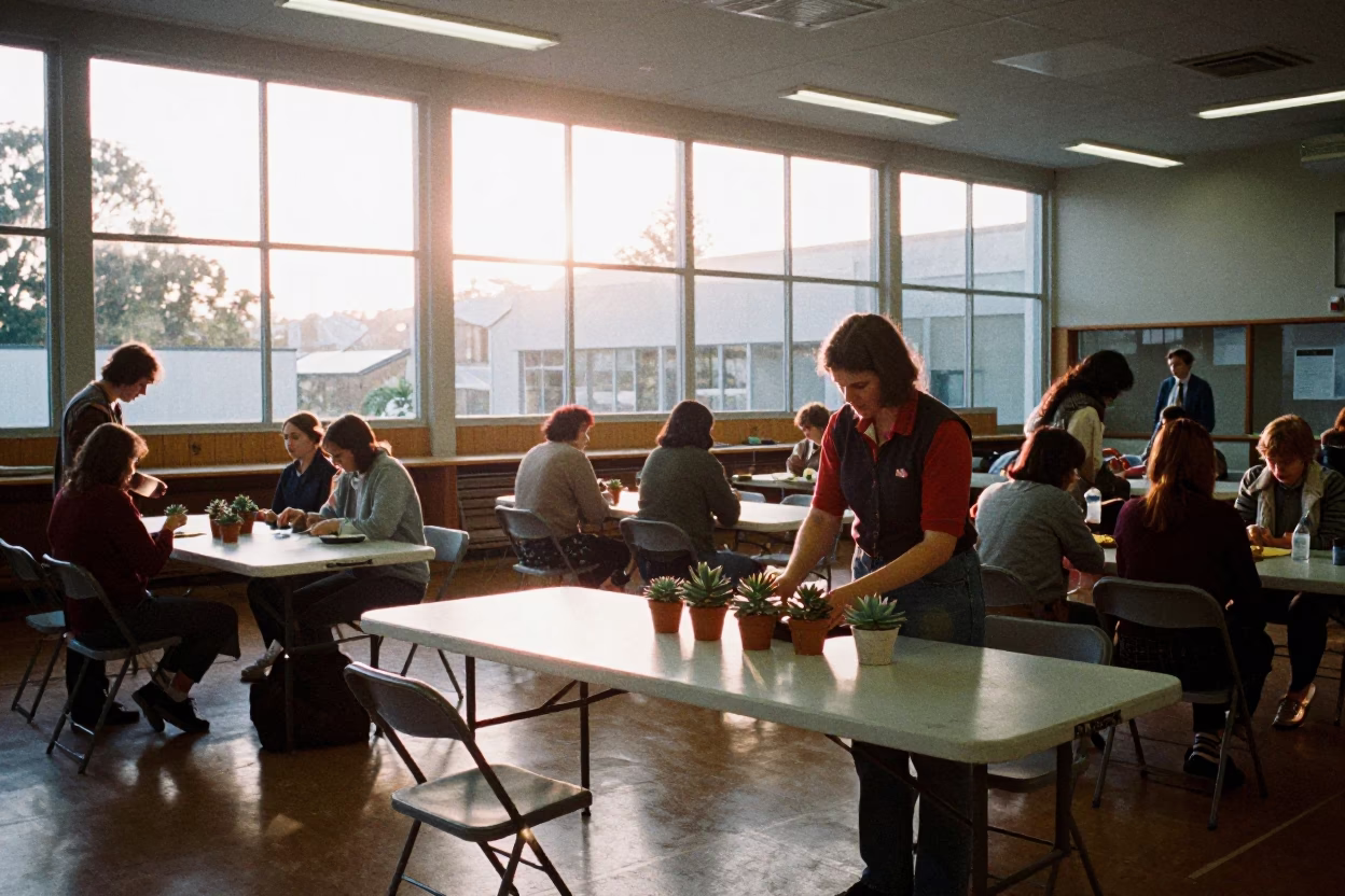 Busy Wellington New Zealand Community Hall Interior Morning Light Folding Tables and Succulents in in Wellington, New Zealand