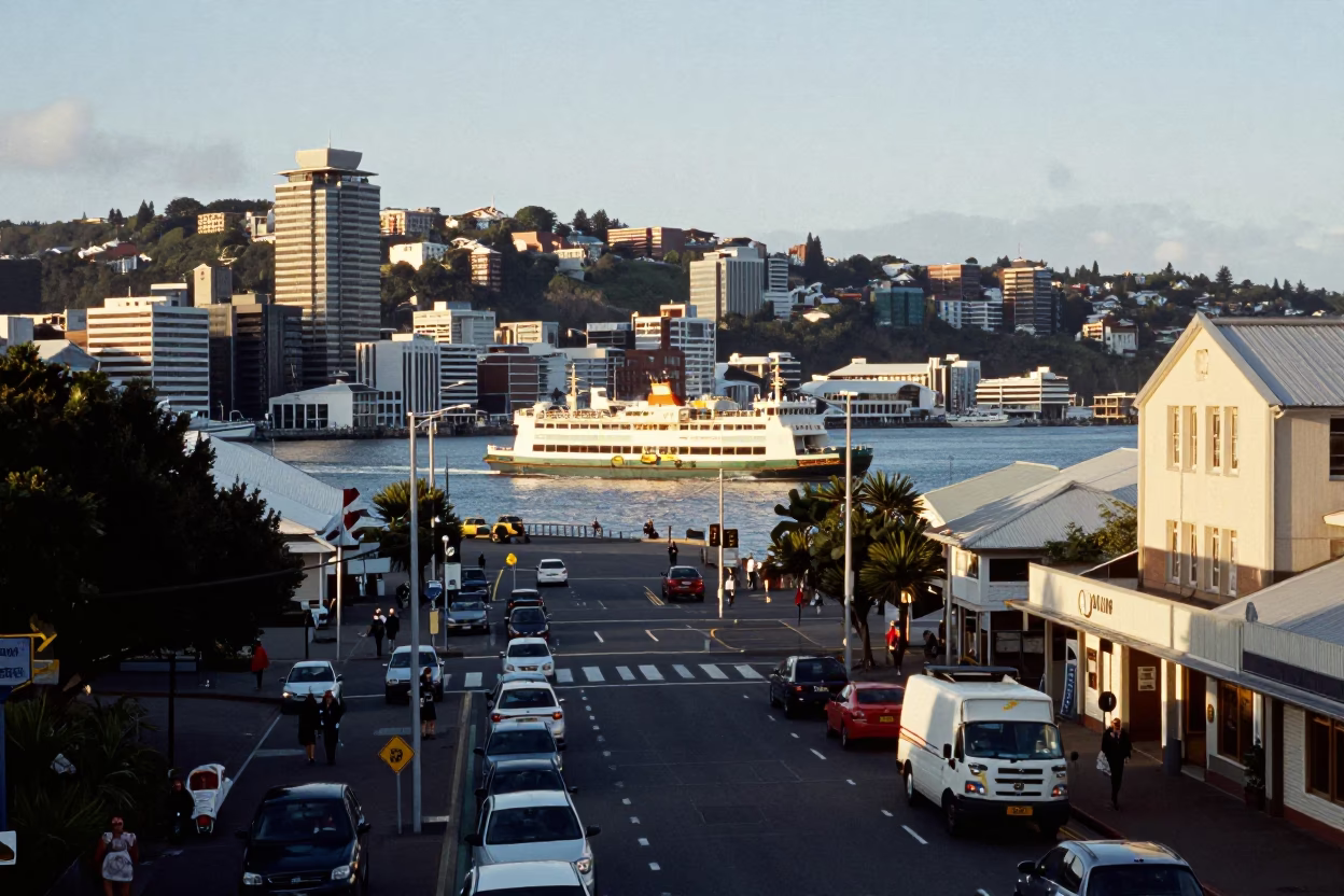 Busy Wellington New Zealand Late Afternoon Street Scene with Ferry and Rail Yard in in Wellington, New Zealand