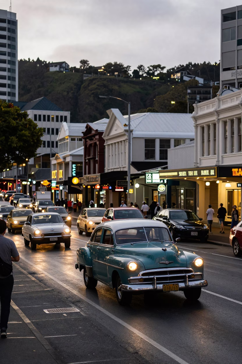 Busy Wellington New Zealand Street Scene at Dusk with Vintage Cars and City Lights in in Wellington, New Zealand
