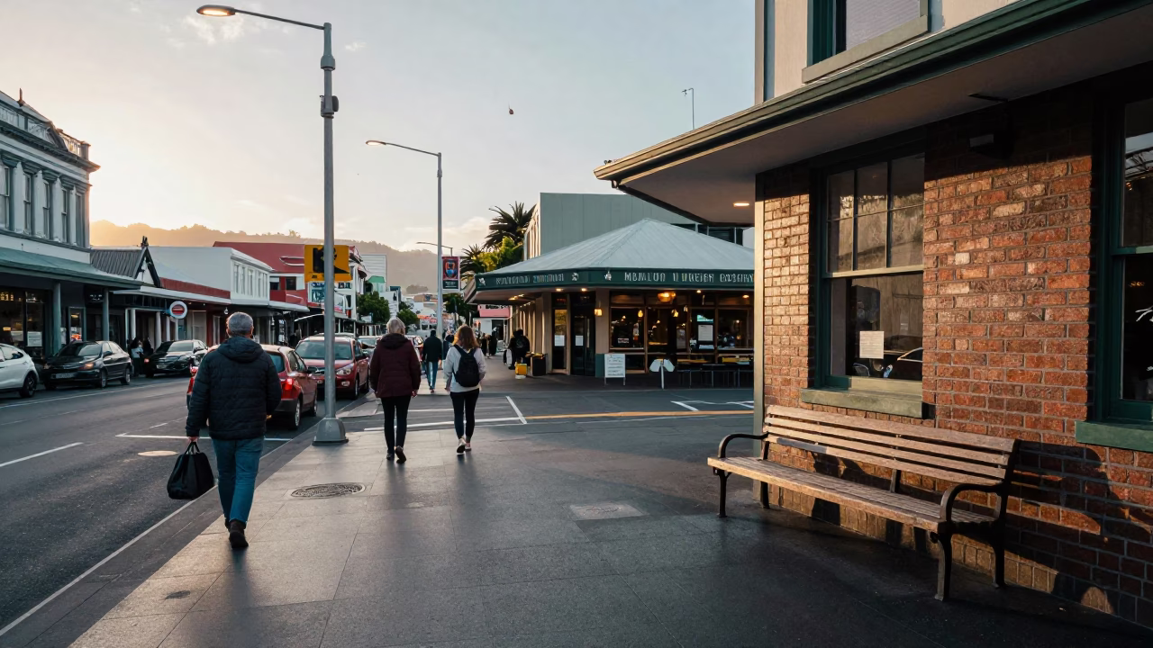 Busy Wellington New Zealand Street Scene at First Light with Vintage Details in in Wellington, New Zealand