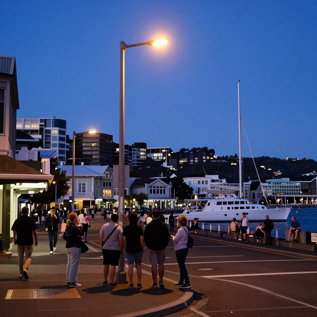 Busy Wellington New Zealand Street Scene at Indigo Twilight with Catamaran and Local Life in in Wellington, New Zealand