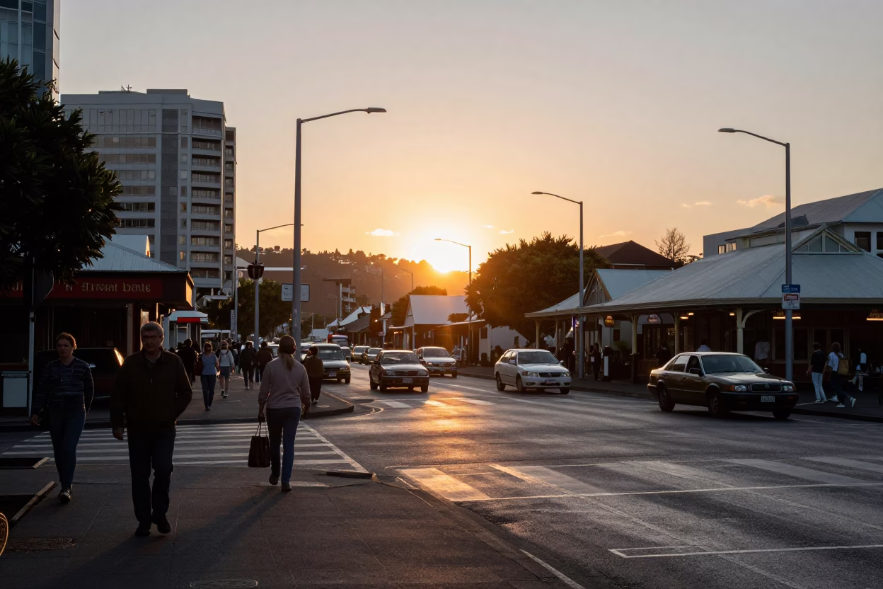 Busy Wellington New Zealand Street Scene at Sunset with Vintage 1970s Details in in Wellington, New Zealand
