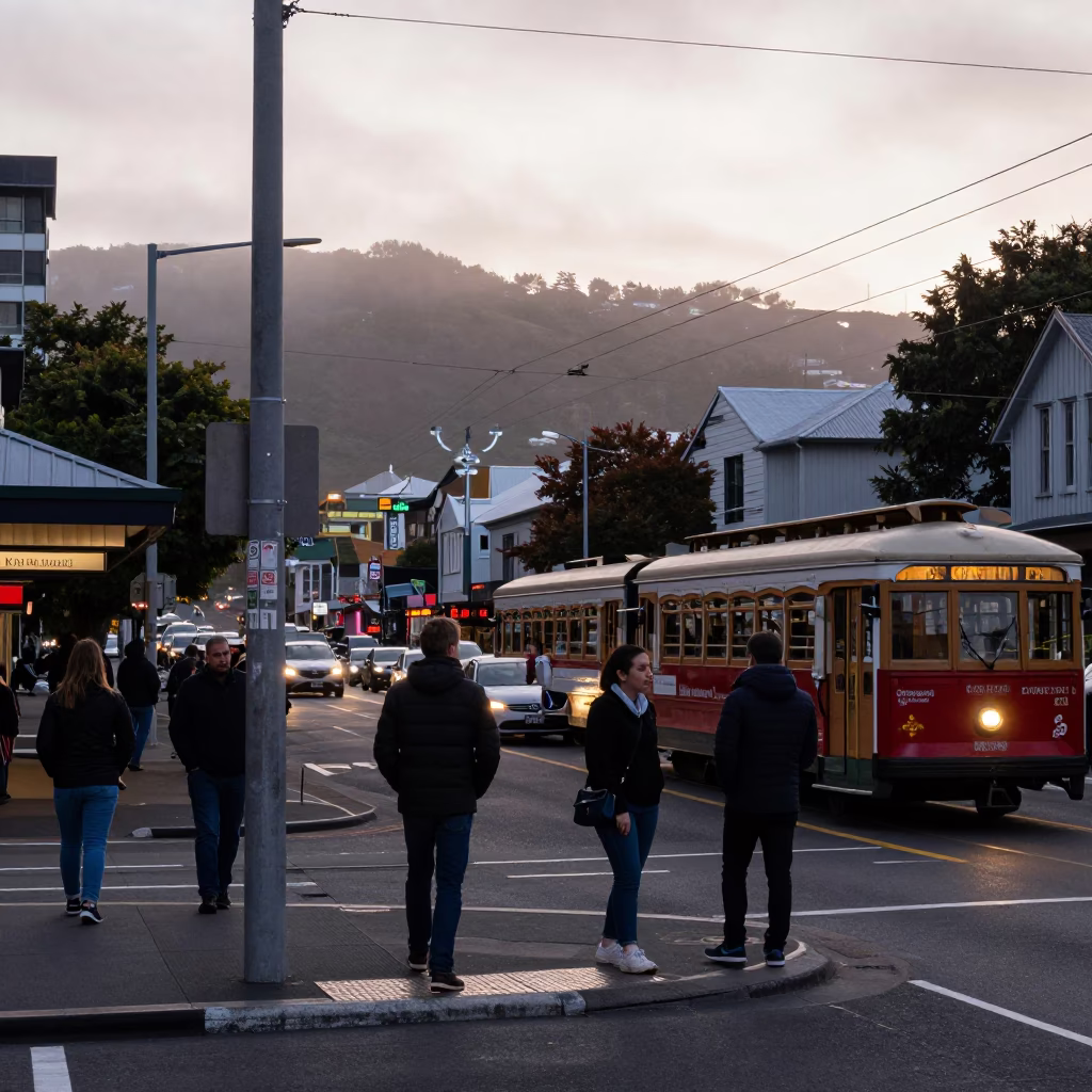 Busy Wellington New Zealand Street Scene Before Dawn with Local Interaction in in Wellington, New Zealand