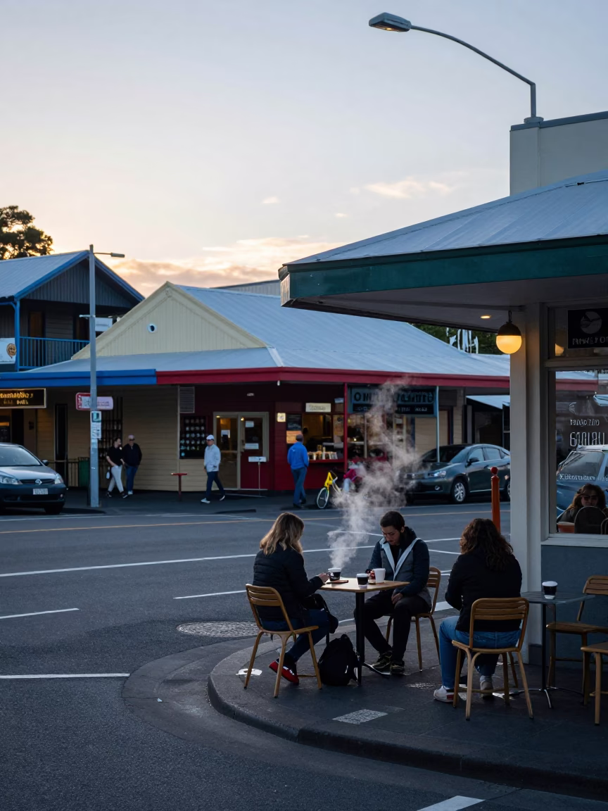 Busy Wellington New Zealand Street Scene Before Sunrise with Local Shops and Coffee in in Wellington, New Zealand