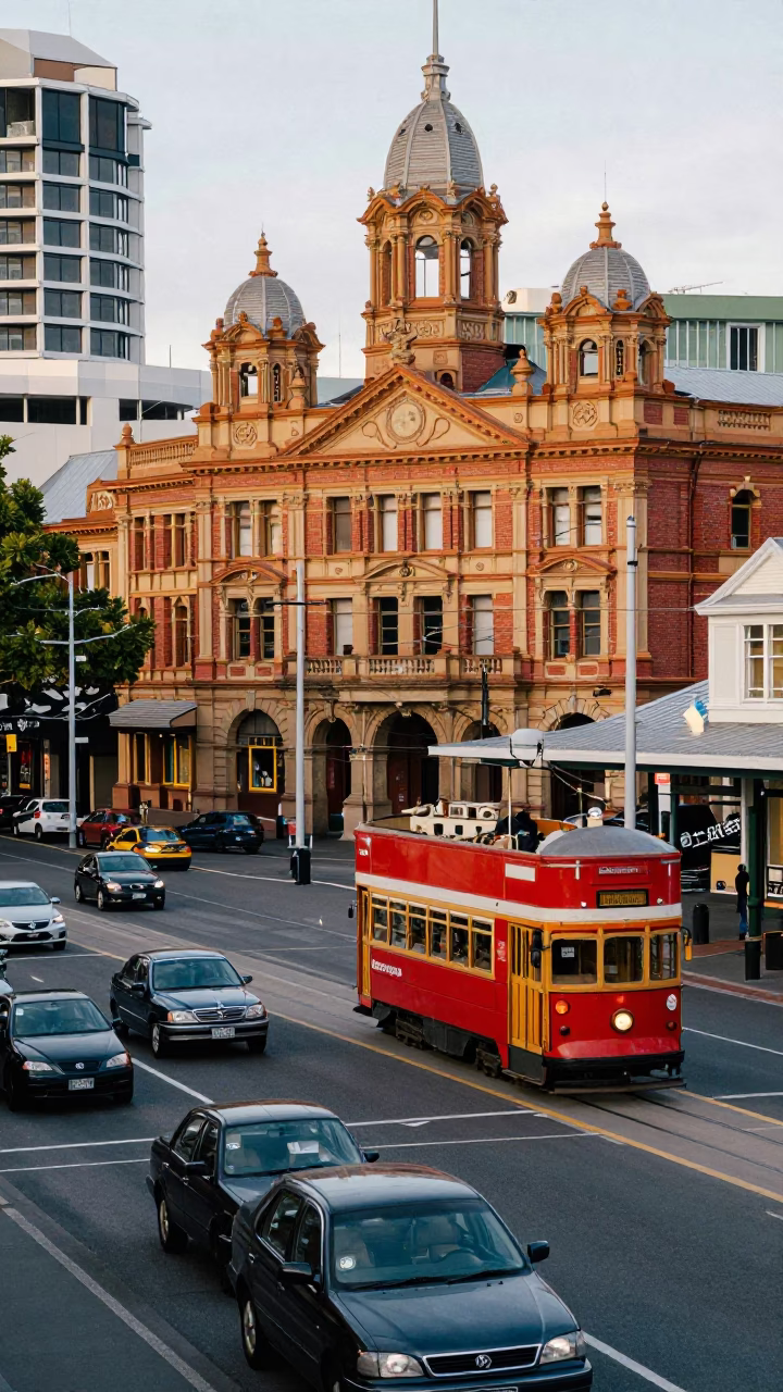 Busy Wellington New Zealand Street Scene Early Afternoon with Vintage Cars and Trams in in Wellington, New Zealand