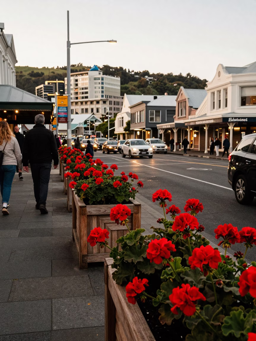 Busy Wellington New Zealand Street Scene Early Evening with Geraniums and Urban Life in in Wellington, New Zealand