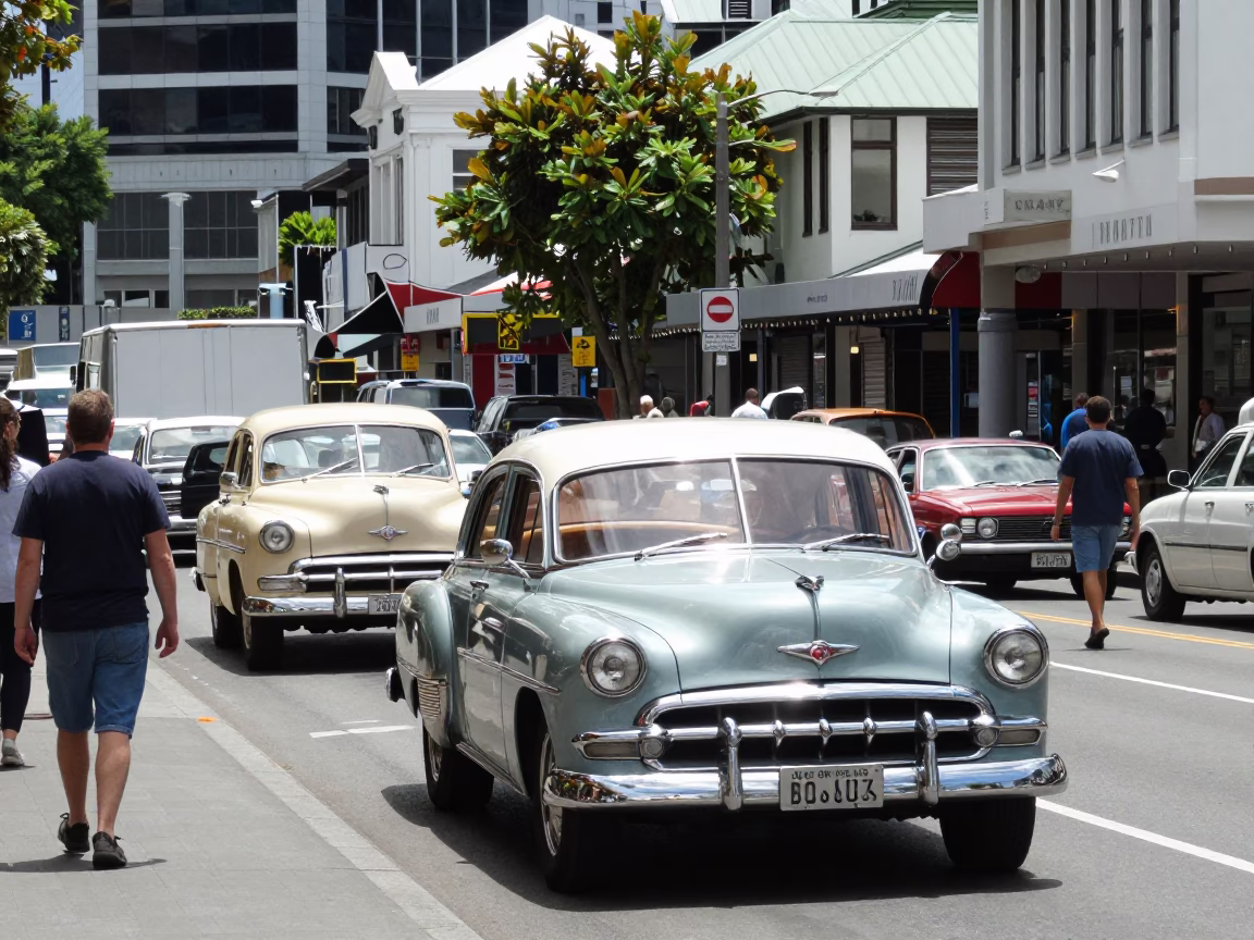 Busy Wellington New Zealand Street Scene with Vintage 1950s Vehicles and Pedestrians at Midday in in Wellington, New Zealand