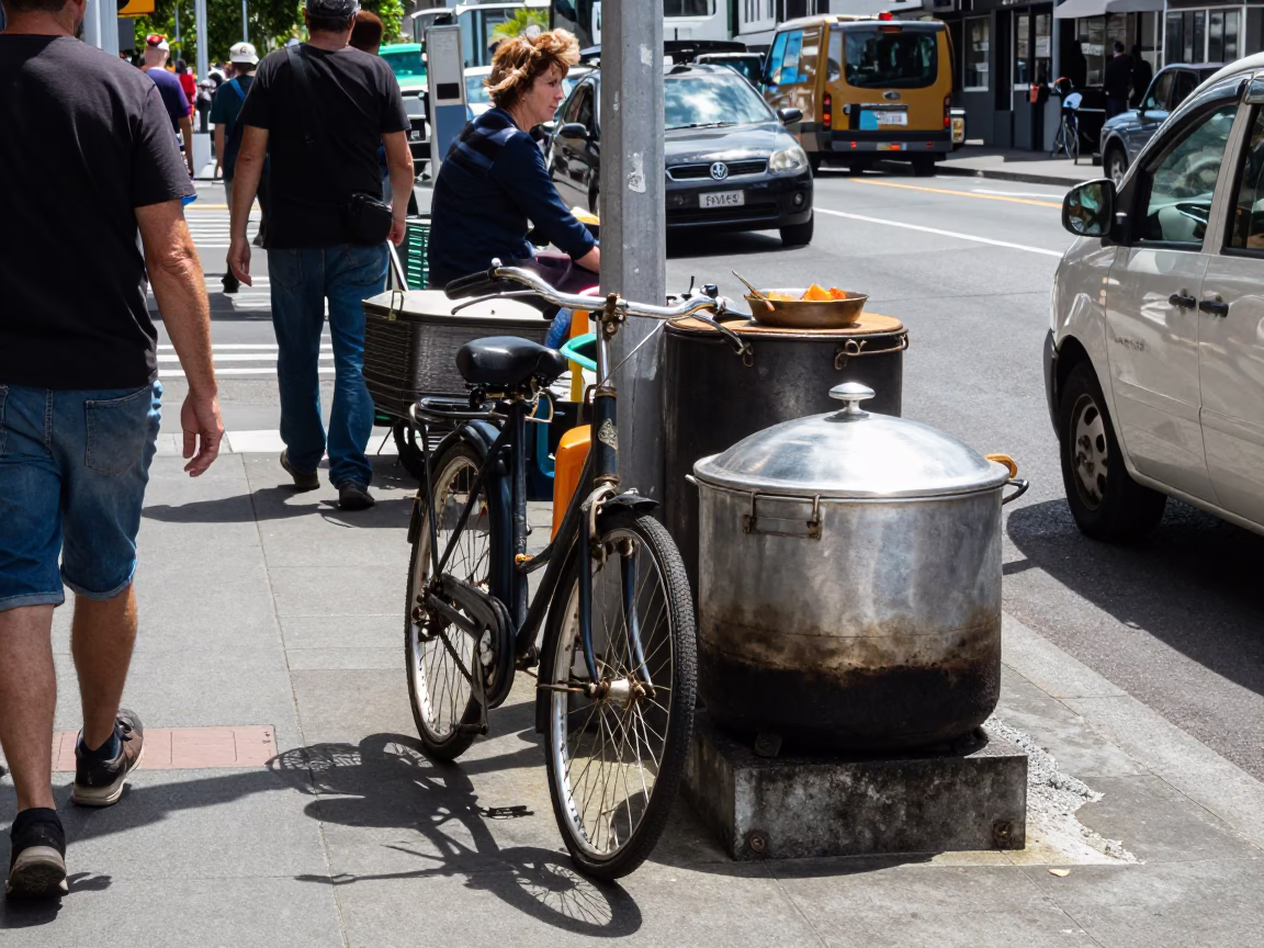 Busy Wellington New Zealand Street Scene with Vintage Bicycle and Cooking Pot at Midday in in Wellington, New Zealand