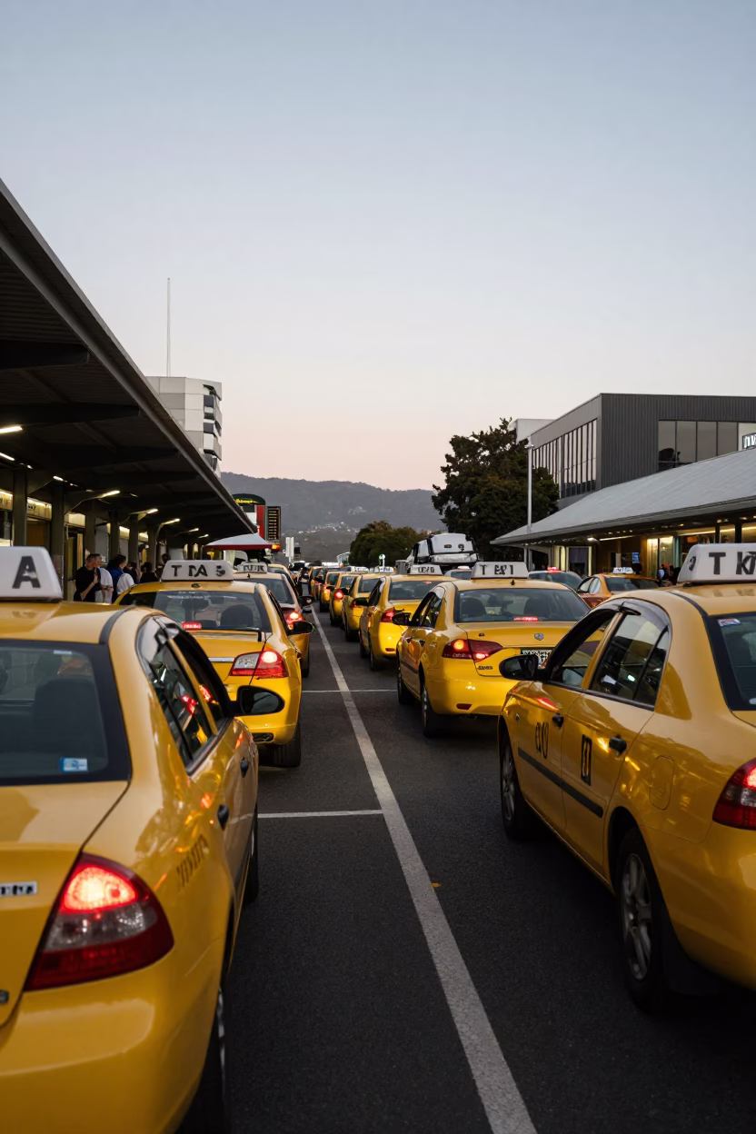 Busy Wellington New Zealand Taxi Rank Outside Train Station at Twilight with City Lights in in Wellington, New Zealand