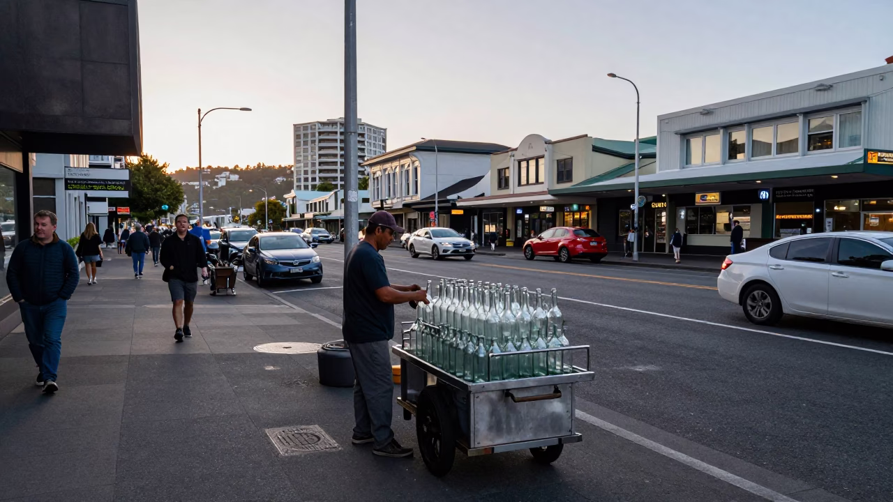 Busy Wellington Street Corner at Dawn with Brushed Steel and Glass Bottles in in Wellington, New Zealand