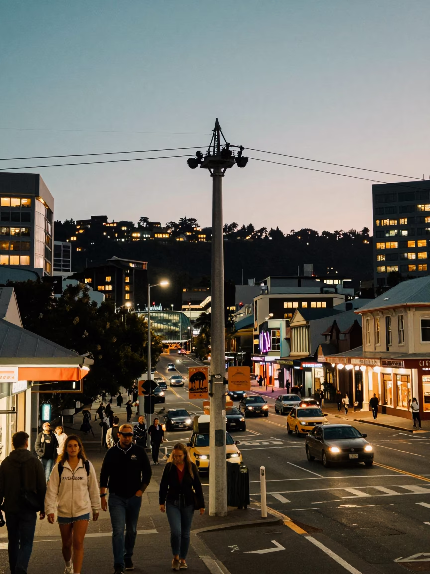 Busy Wellington Street Corner at Dusk with Vintage 1970s Details and City Lights in in Wellington, New Zealand