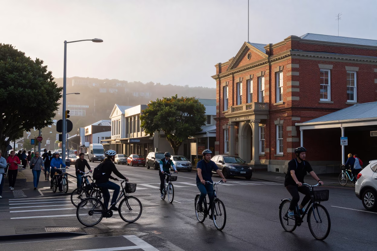 Busy Wellington Street Corner at Nautical Dawn with Cyclists and Historic Architecture in in Wellington, New Zealand